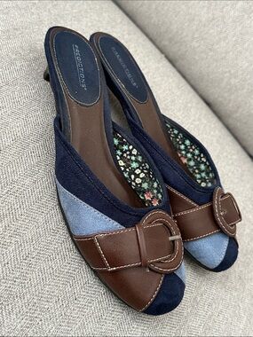 Predictions Blue & Brown Slip-On Mules with Buckle Detail